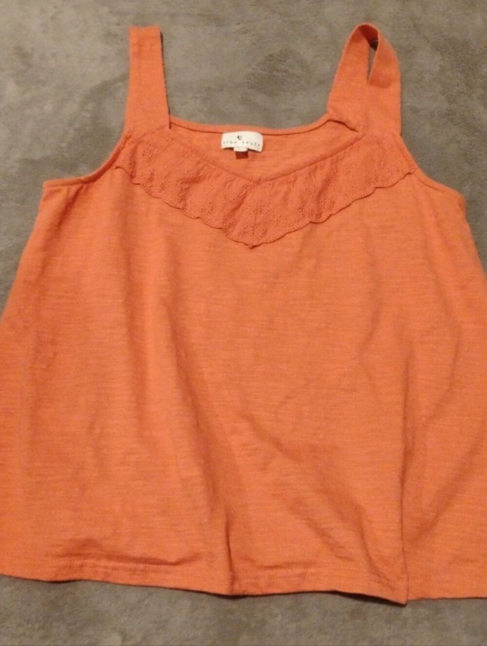 True Craft Orange Slub Tank Top Lace Eyelet Ruffle V-Trim - Large